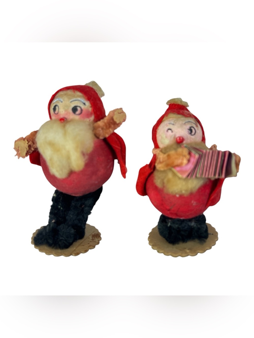 2 Vtg '50s Christmas Spun Cotton Elves Gnomes Musicians Chenille Felt Putz Japan